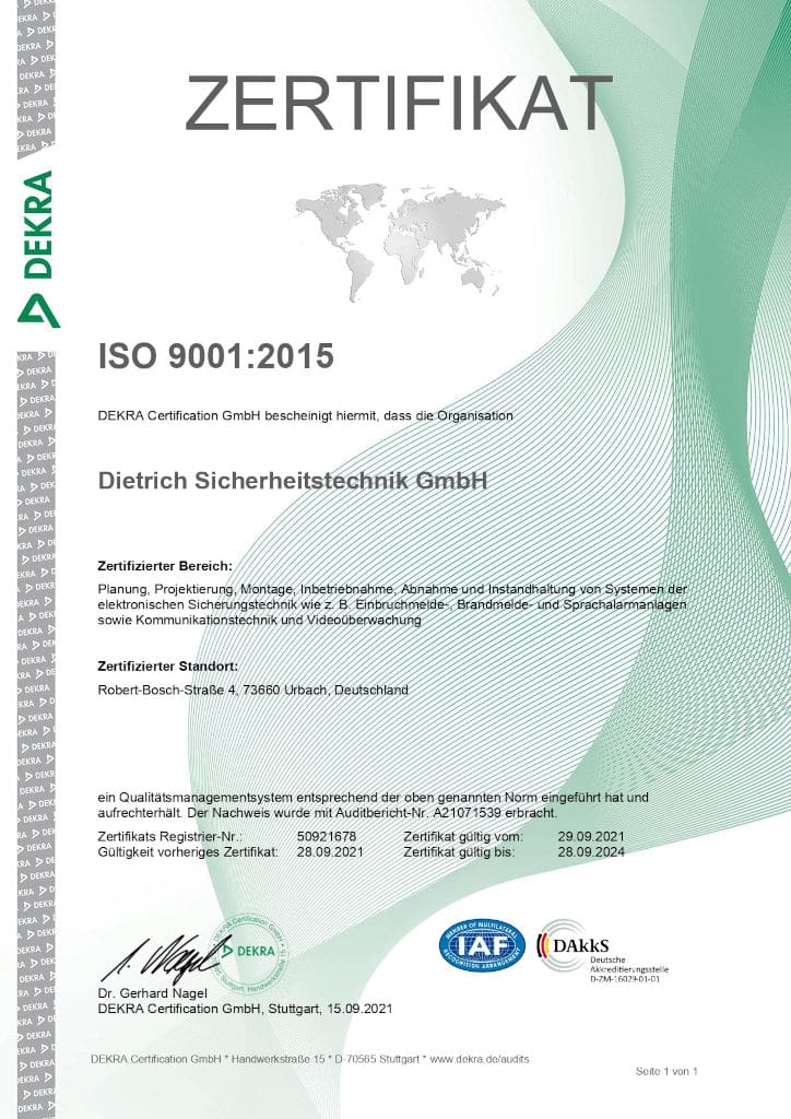 Zertifizierung 9001 | DIETRICH Sicherheitstechnik