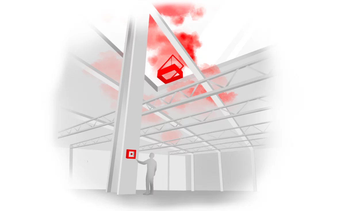 Bild einer RWA-Anlage, die unter einer roten Decke installiert ist, zur Verdeutlichung der Bauphysik und Brandschutz-Pflichten. RWA-Anlage unter einer roten Decke